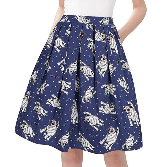 Taydey Cat Print Pleated Skirt Blue Whimsical Fun Elastic Waist A-Line Women's S - Picture 1 of 9